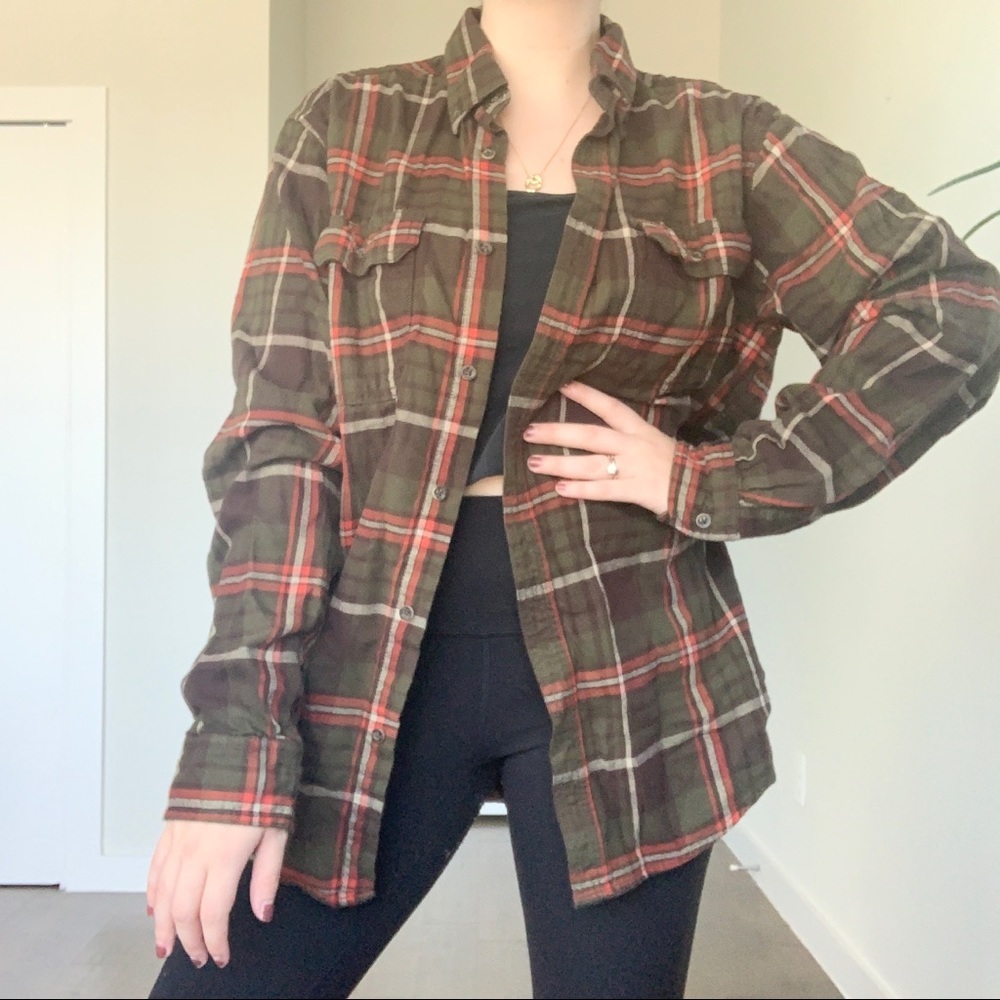 ❤️Vintage Georg Green Orange Plaid Button Down Shirt Shacket Oversized Flannel